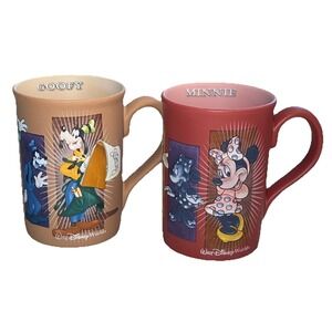Disney Parks Goofy and Minnie Mouse Coffee Mug Set Pink and Tan Thailand Ceramic
